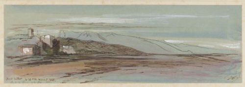 Pont du Var. 5 March 1865. (76) Watercolor, sepia ink and Chinese white over graphite on blue paper.11.7 x 35.3 cm.